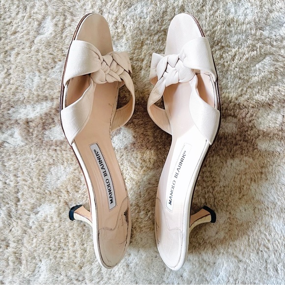 Manolo Blahnik Braided Leather Mule Slide Open Toe Kitten Heel Sandals Sz 37 1/2 - Picture 7 of 15